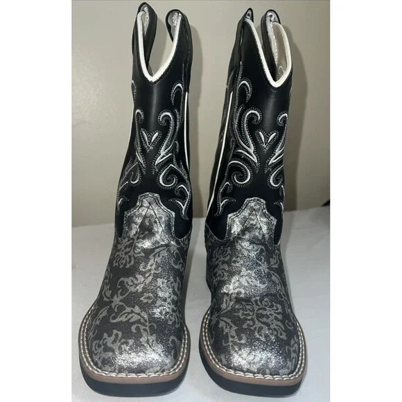 OLD WEST KIDS SQUARE TOE BLACK METALLIC SILVER BOOTS SIZE 11 - Picture 3 of 14
